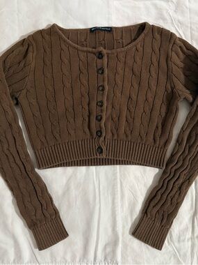 Brandy Melville Brown Cropped Cable-Knit Button Cardigan